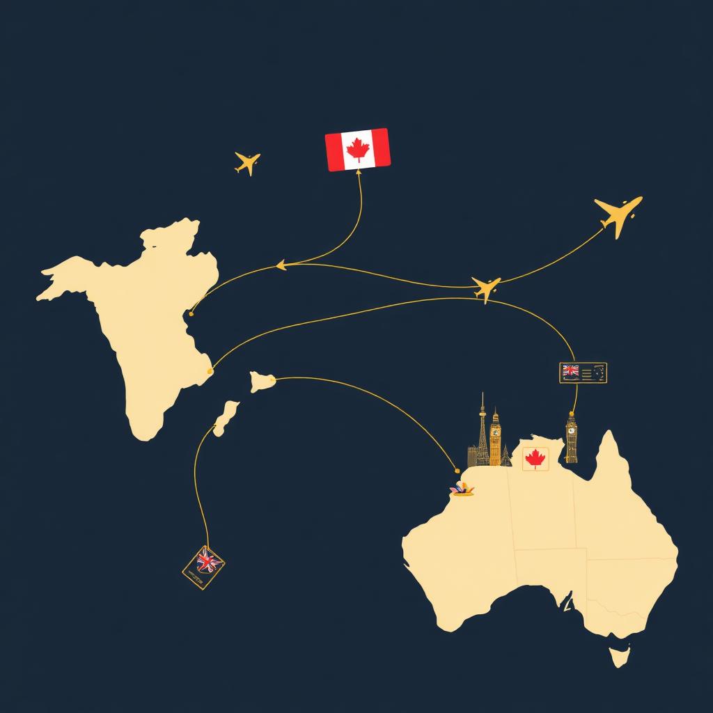 World map showing immigration pathways from India to Canada, UK, and Australia